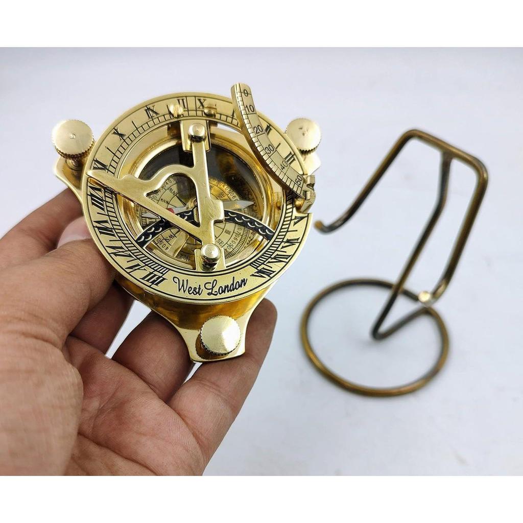 Sundial Compass for Hiking, 3 Inches Nautical Compass for Outdoor, Pocket Compass for Hiking, with Display Stand Camping Maritime Vintage