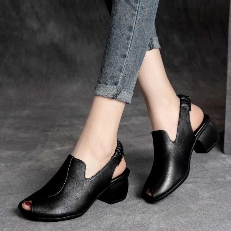 Thick-heeled Soft Leather Outer Slippers Fish Mouth Comfortable Versatile Mid-heeled Women Sandals Women's Mother's Shoes Women