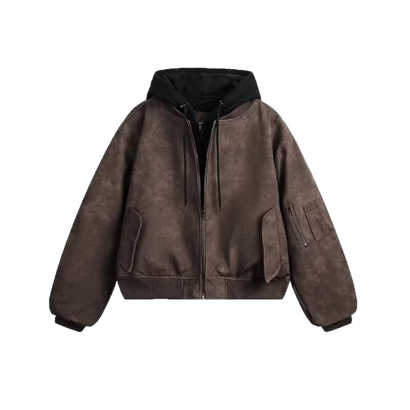 Unisex Jacket Faux Leather Bomber Jacket Layered Hooded Pilot Style Padded Winter Coat