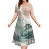 Marble Landscape Printed Women's Clothing Summer Short Sleeve Elegant Party Dresses Round Neck Short Sleeve Blue Premium Dress