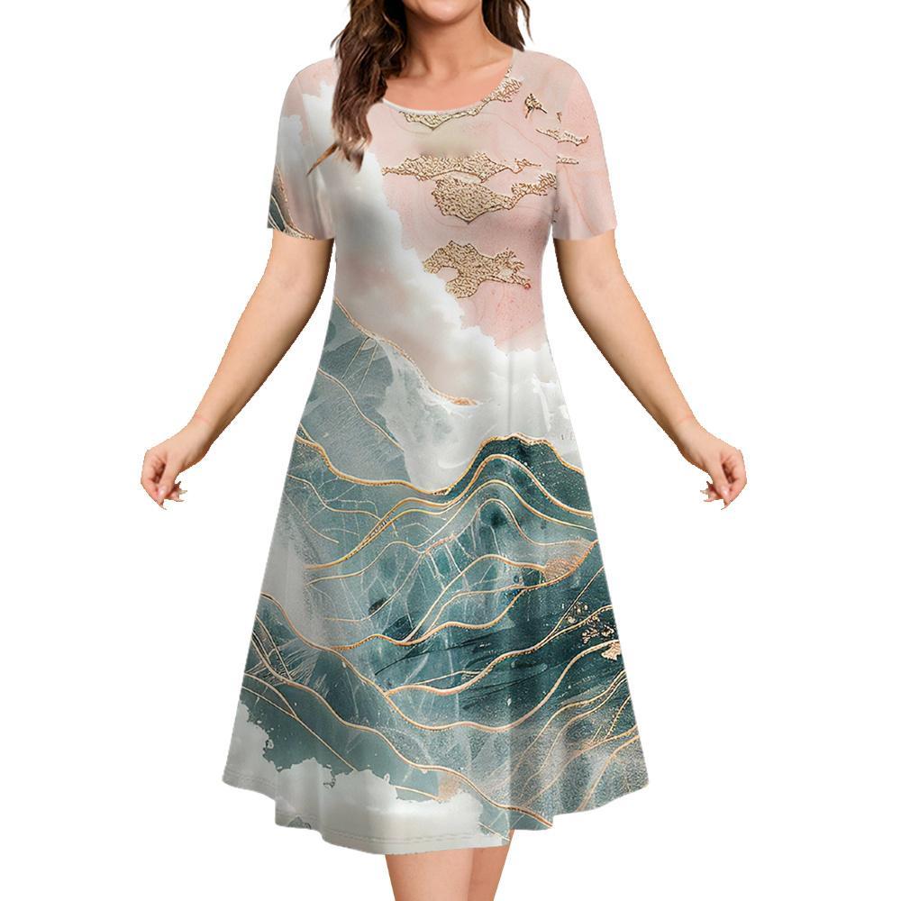 Marble Landscape Printed Women's Clothing Summer Short Sleeve Elegant Party Dresses Round Neck Short Sleeve Blue Premium Dress