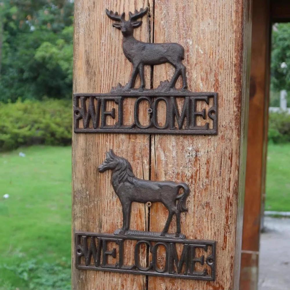 Cast Iron Decorative Plaques European Retro Style Courtyard Welcome Doorplate Outdoors Garden Deer Horse Hanging Decorations