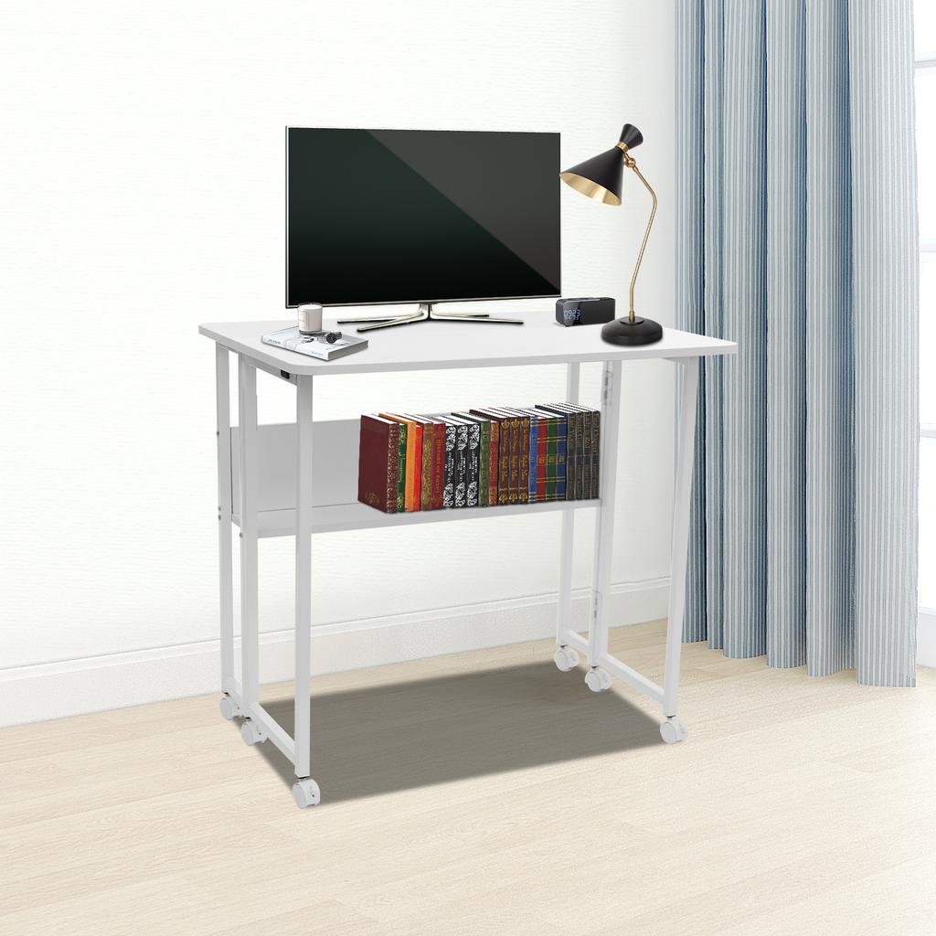 Folding Desk with Bookshelf & Wheels, Portable Table for Home Office, 80x58cm White Computer Desk, Space Saving Student Desk