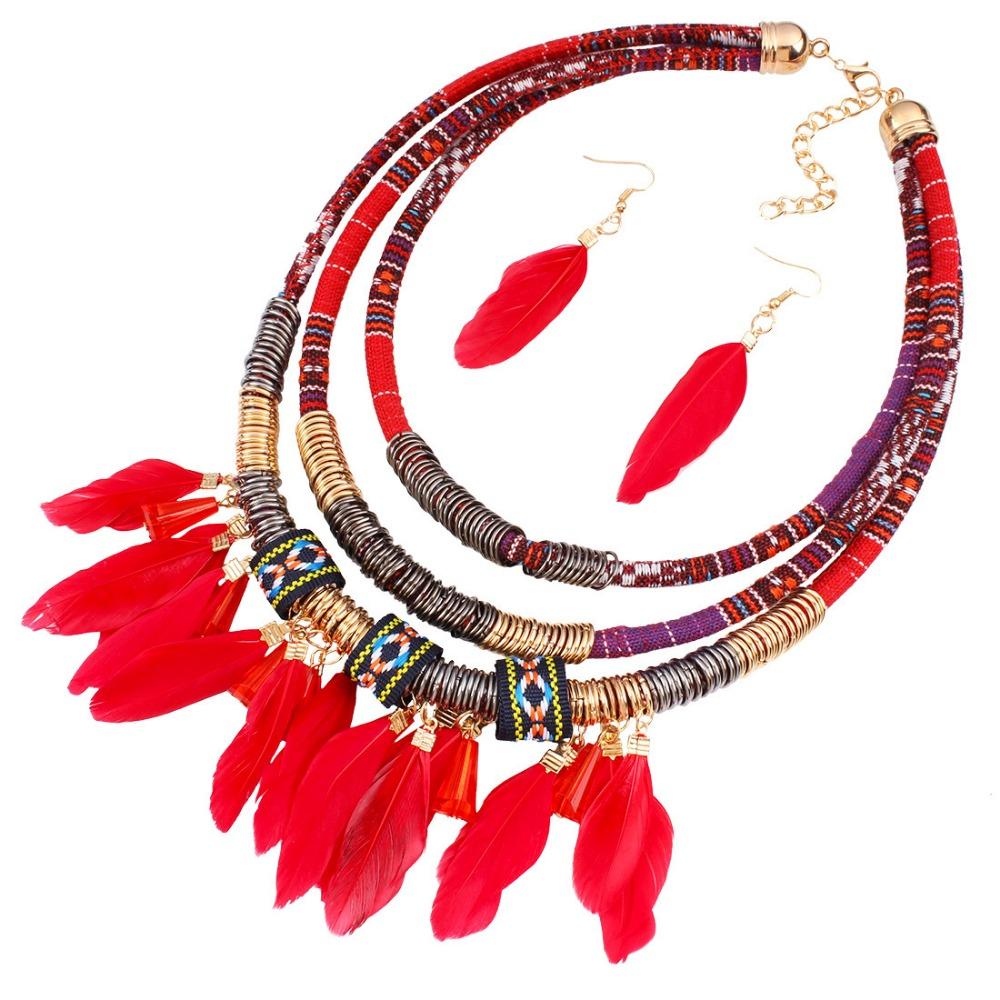 Fashion Bohemian Necklace Vintage Necklace Earrings Set Feather Tassel Necklace  Dating Accessories