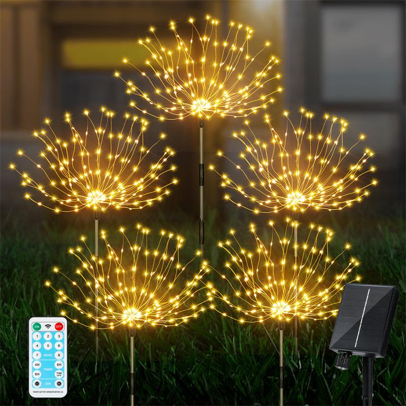 Remote-Control Solar Firework LED String Lights - Waterproof, Decorative Copper Wire Lights for Outdoor Use