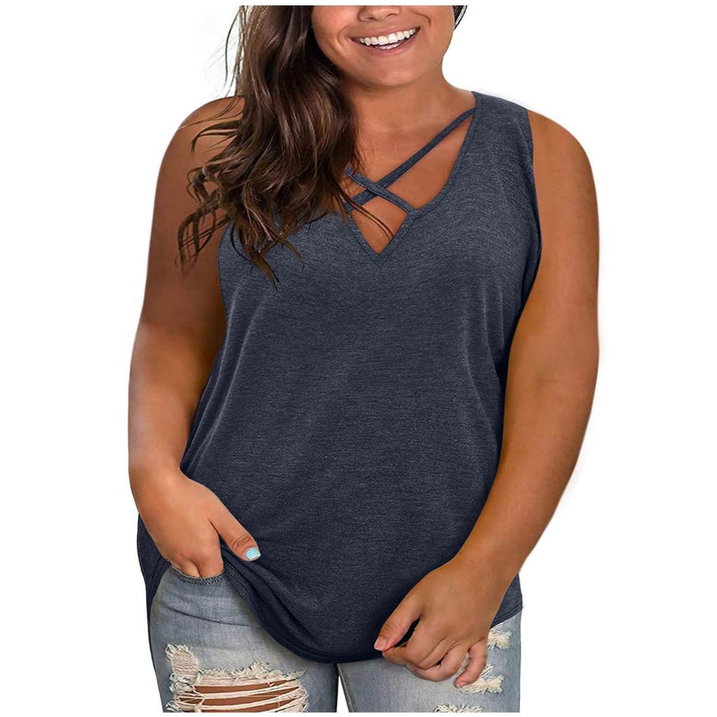 New Plus Size Women's Combed Cotton V Neck Sleeveless T-shirt, Loose Casual Pullover Top for Women European American Style