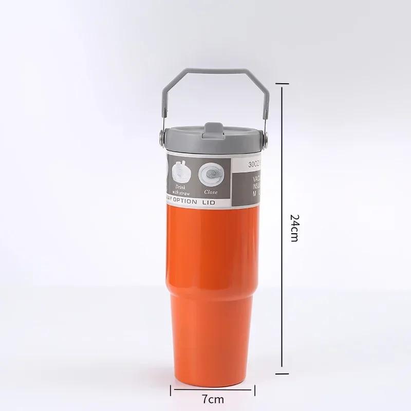 30oz Large Capacity Portable Car Cup Stainless Steel Thermos Cup with Straw & Handle Travel Sports Water Bottle Vacuum Flask