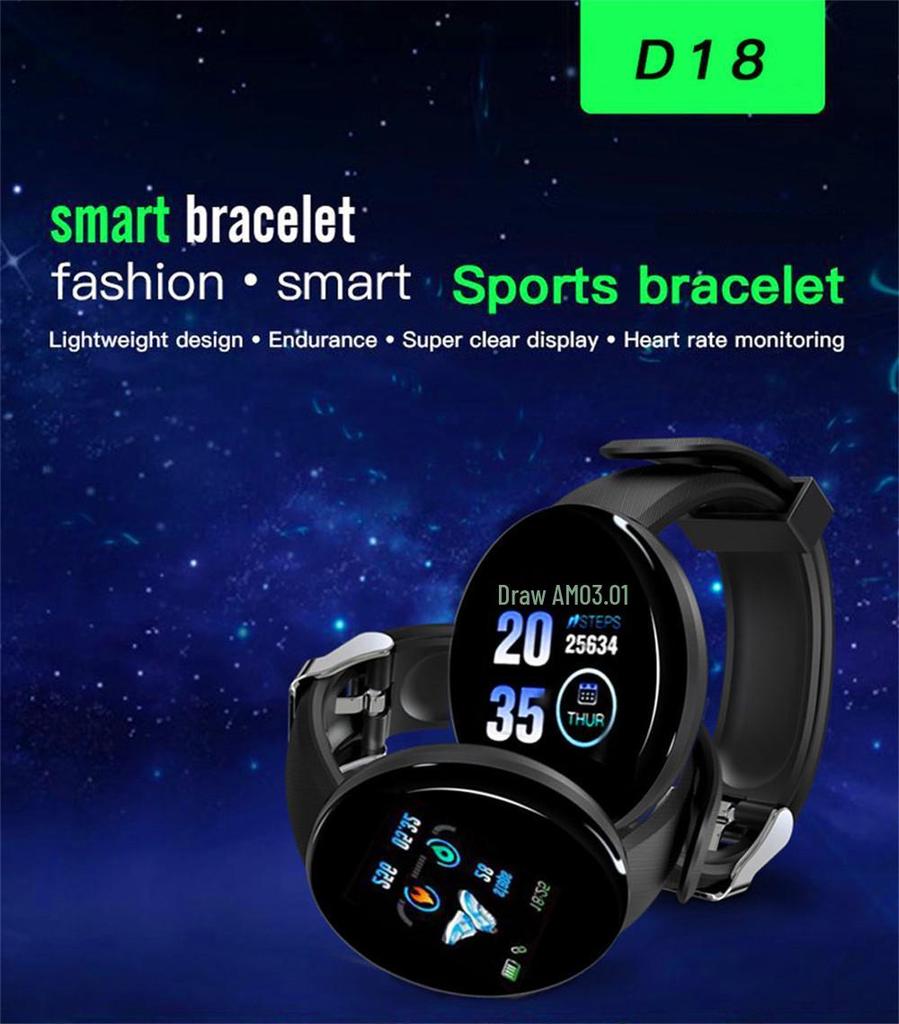 D18 Smart Bracelet: Color Screen, Call Alerts, Step Counter, Waterproof, Heart Rate & Blood Pressure Monitor.