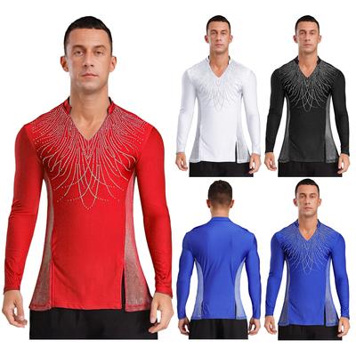 Mens Latin Ballet Dance Top Glittery Rhinestones Lapel V Neck Long Sleeve Side Mesh Patchwork Split T-Shirt Performance Top