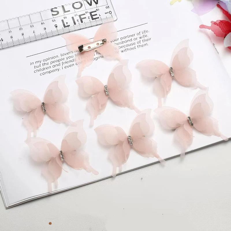 6 Colors 3D Tulle Butterfly Brooch Pins 10Pcs Rhinestone Organza Lapel Pins for Women Fashion Daily Wear Accessory