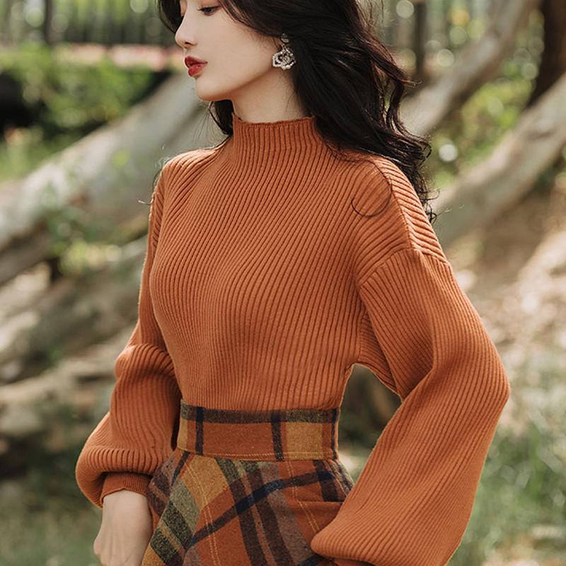 Women's Autumn Winter Vintage Plaid Long Skirts Sweater Two-Piece Set French Lady Graceful Knit Pullover High Waist Skirt Outfit