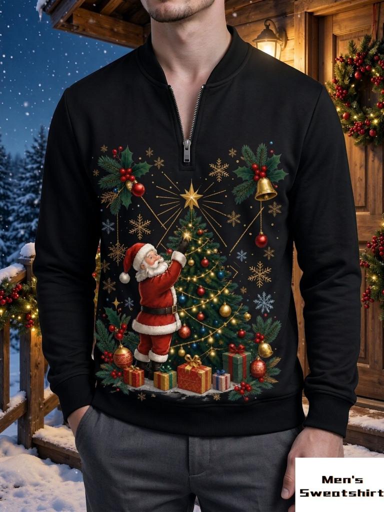 Christmas Santa Claus Print Quarter-zip Long Sleeved Round Neck Sweatshirt Men's Clothing Modern Casual Pullover Trendy Festive Versatile Style