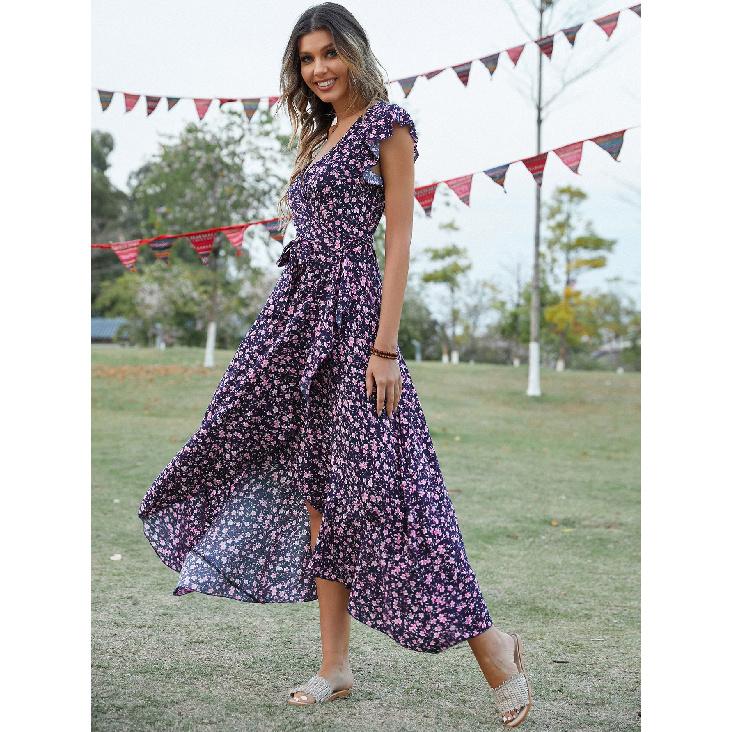 New V-neck Bohemian Vacation Style Slim Fit Tied Dress