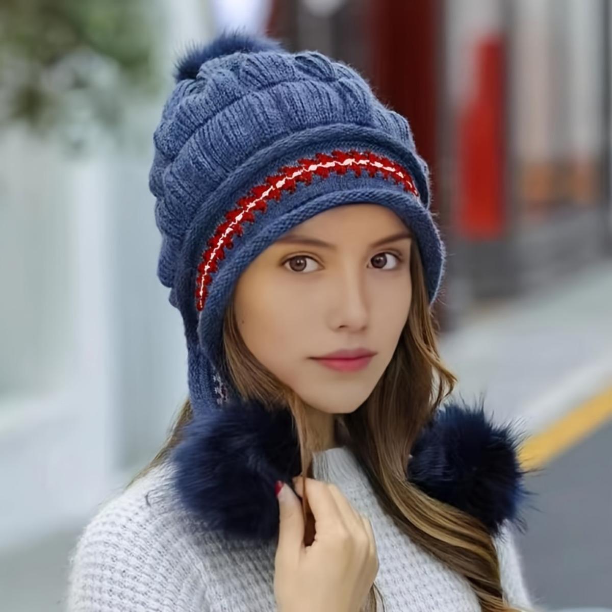 

Фантазийная шерстяная вязаная шапка с ушками, эластичная акриловая ткань, регулируемый козырек, мешочек для хранения, ручная стирка или химчистка темно-синий