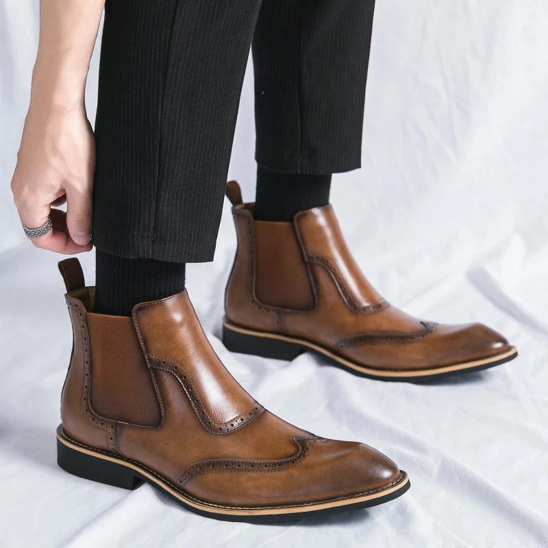 Men Business Pointed Toe High Top Ankle Boots With Elastic Band On Both Sides