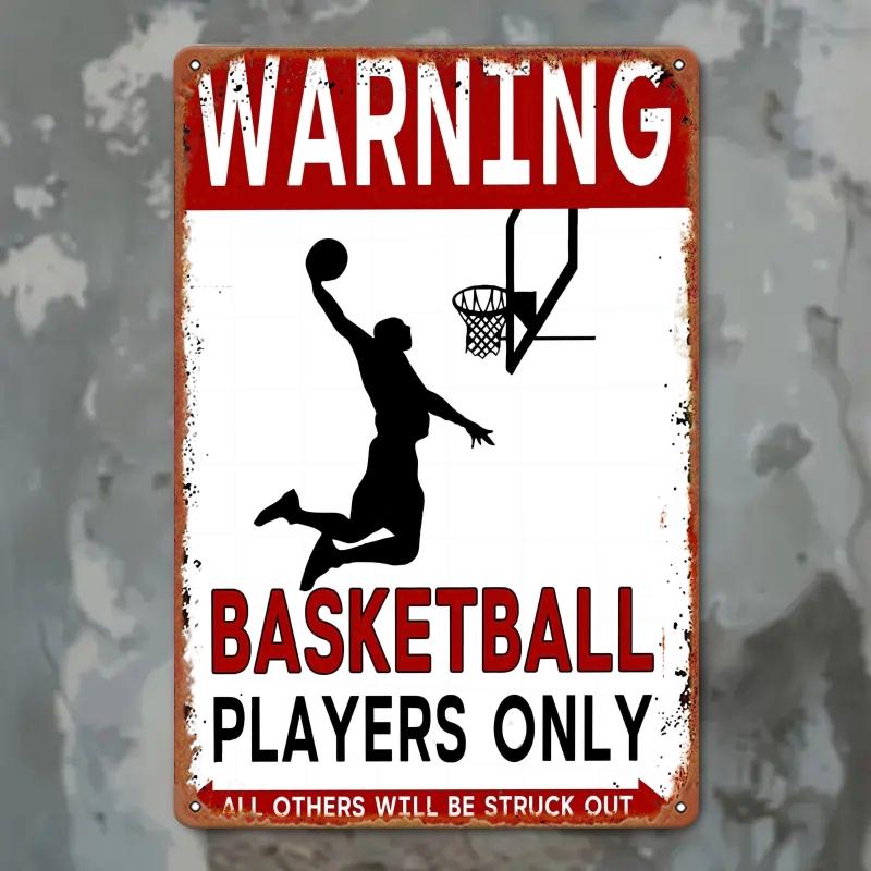 1pc Basketball Warning Metal Sign Rustic Red & White Wall Decor with Humorous Sports Message, Basketball Room Deco