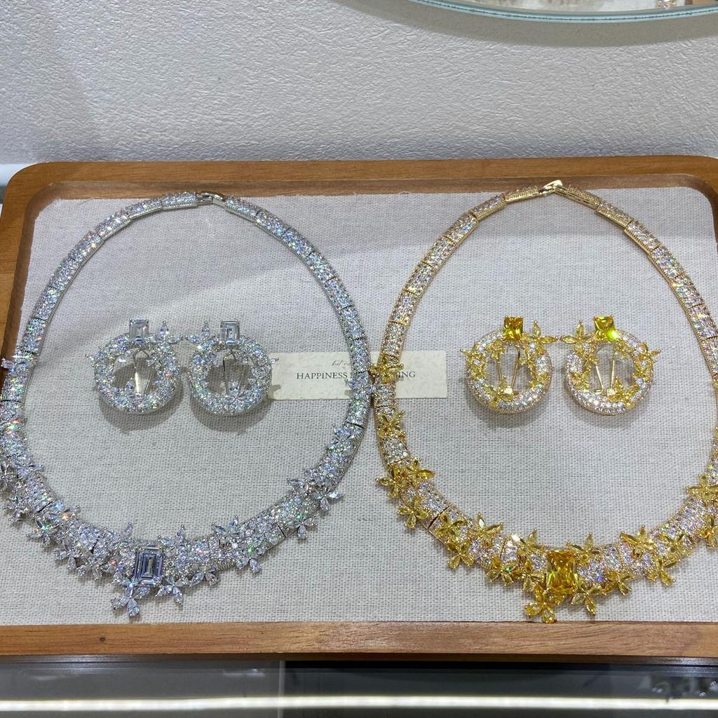 Luxury Heavy Industry Micro-Set Zircon Necklace Ear Buckle Set Bridal Dinner Host Short Play Stage Jewelry