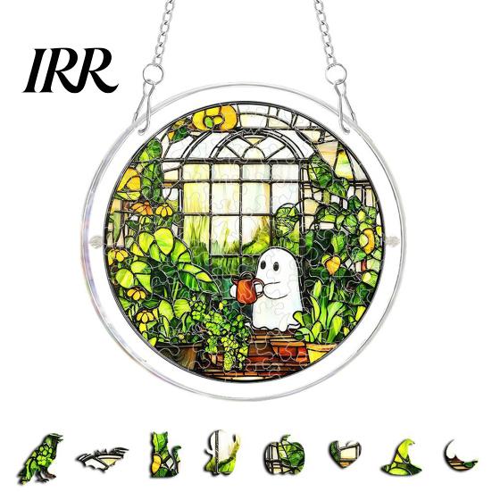 Reusable Halloween Hanging Sign Acrylic Puzzle Decor, 2D Ghost Pumpkin Skeleton Sign, Faux Window Decal Stained Glass Spooky for Party Home