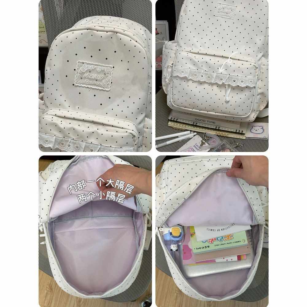 Sweet Lace Trim Rucksack Large Capacity Student School Bag Y2k Polka Dot Backpack  Outdoor Use