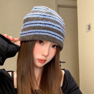 Face Slimming Warm Winter Beanie Polyester Soft Cold Proof Hat Stripe Knitted Beanie Hat Girls