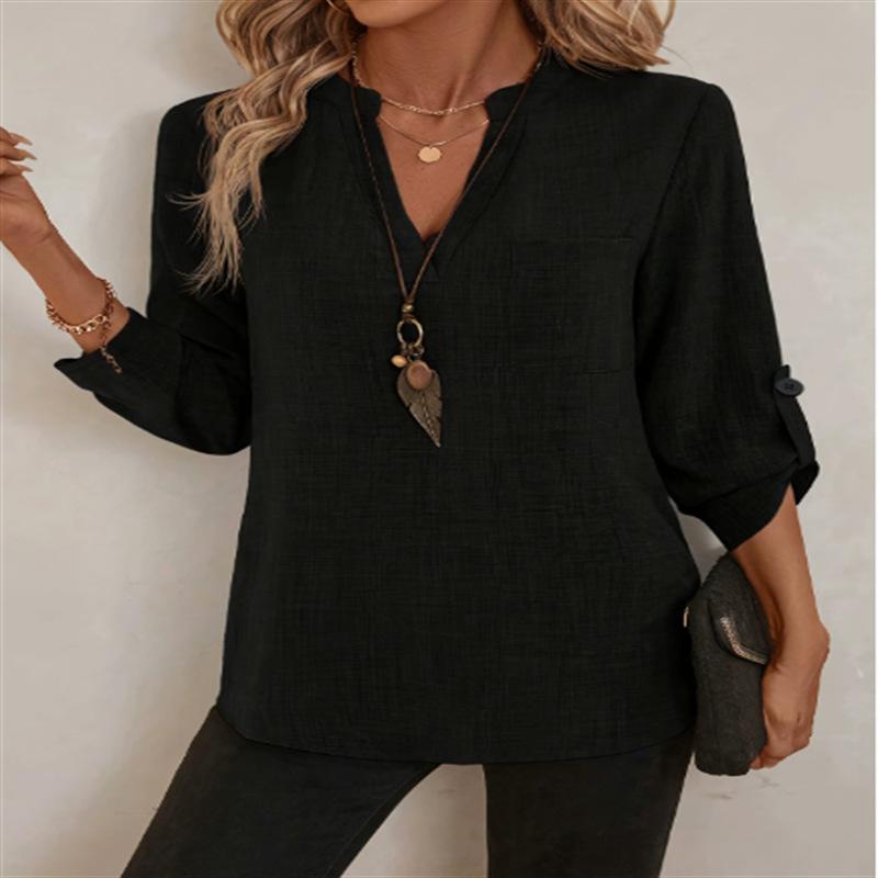 Damen V-Ausschnitt Leinenmischung Bluse Lässig Locker 3/4 Ärmel Tunika Top mit Tasche