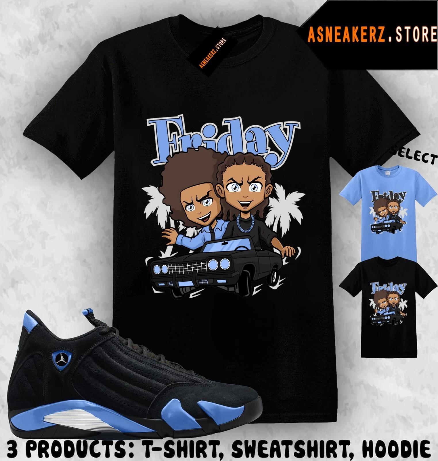 

Shirt Matching AJ 14 Black University Blue To Match Sneaker The Boondocks Friday 4XL