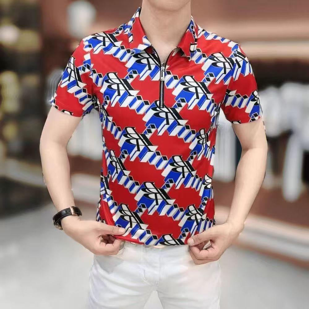

High-End Feel T-Shirt 2025 Summer New Short Sleeve Men s Casual Full Floral Print Non-Iron Slim Fit Polo Shirt with Turn-Down Collar M червоний