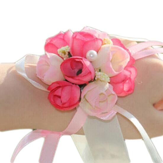 Wrist Flower Vivid Pattern Fake Pearl Ribbon Cloth Pretty Bridal Flower Bracelet for Wedding