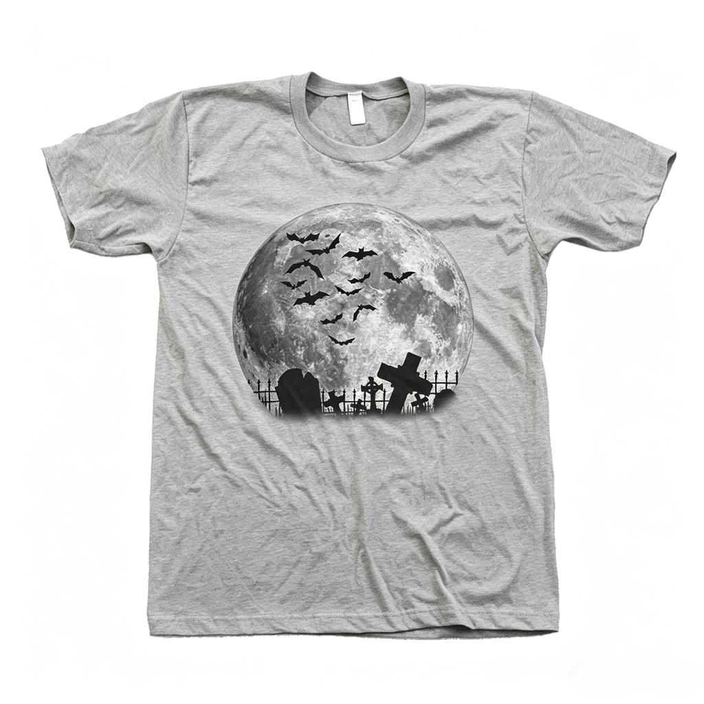Full Moon Halloween TShirt Bats Graveyard Screen Print Retro Streetwear HighQuality CrewNeck ShortSleeved Unisexs TShirt