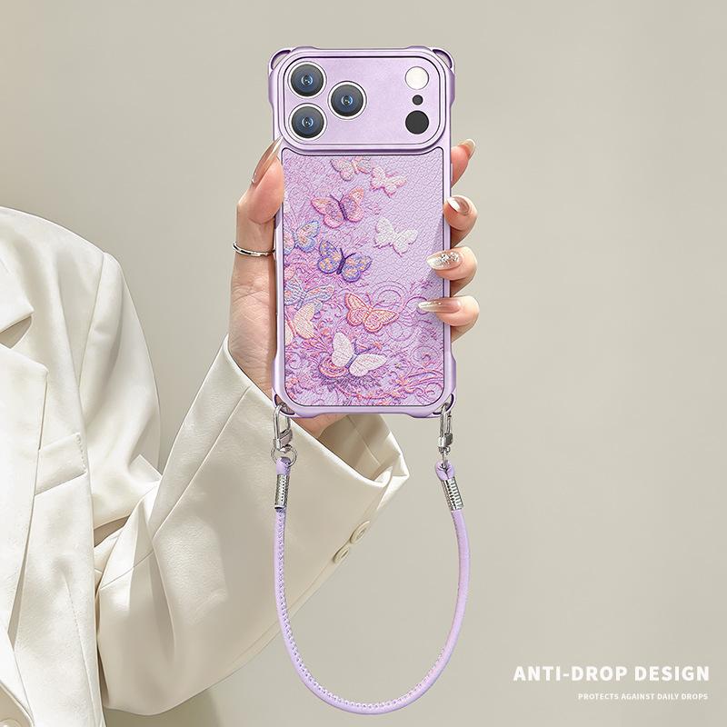 Color butterfly for iphone17promax Apple 13 mobile phone case 15 four-corner lanyard 16 silicone 14 crossbody