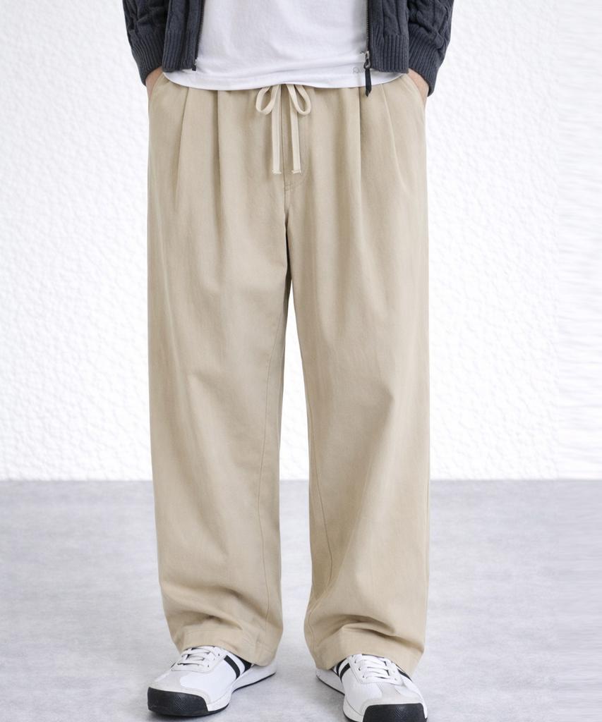 Jikeulib Cotton Double-Pleat Wide-Fit Elastic Waist Pants