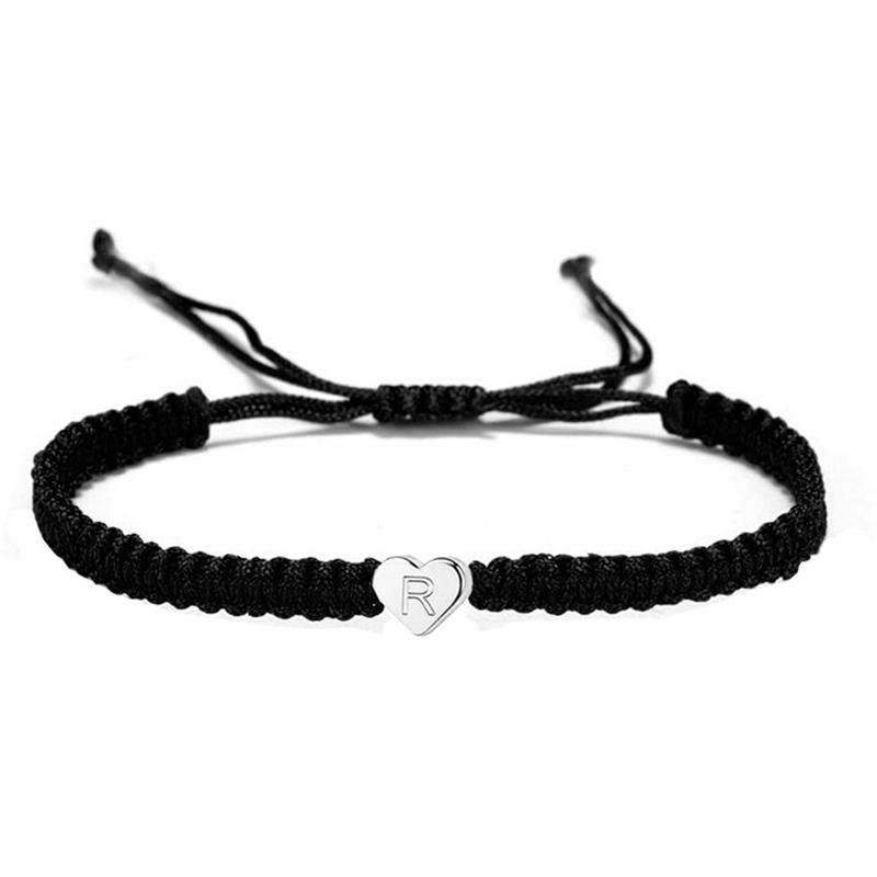 

1PC Jewelry Wear-resistant 26 Letters Charm Braided Rope Unisex Bracelet Adjustable Heart Shape Couple Lover R срібний/чорний