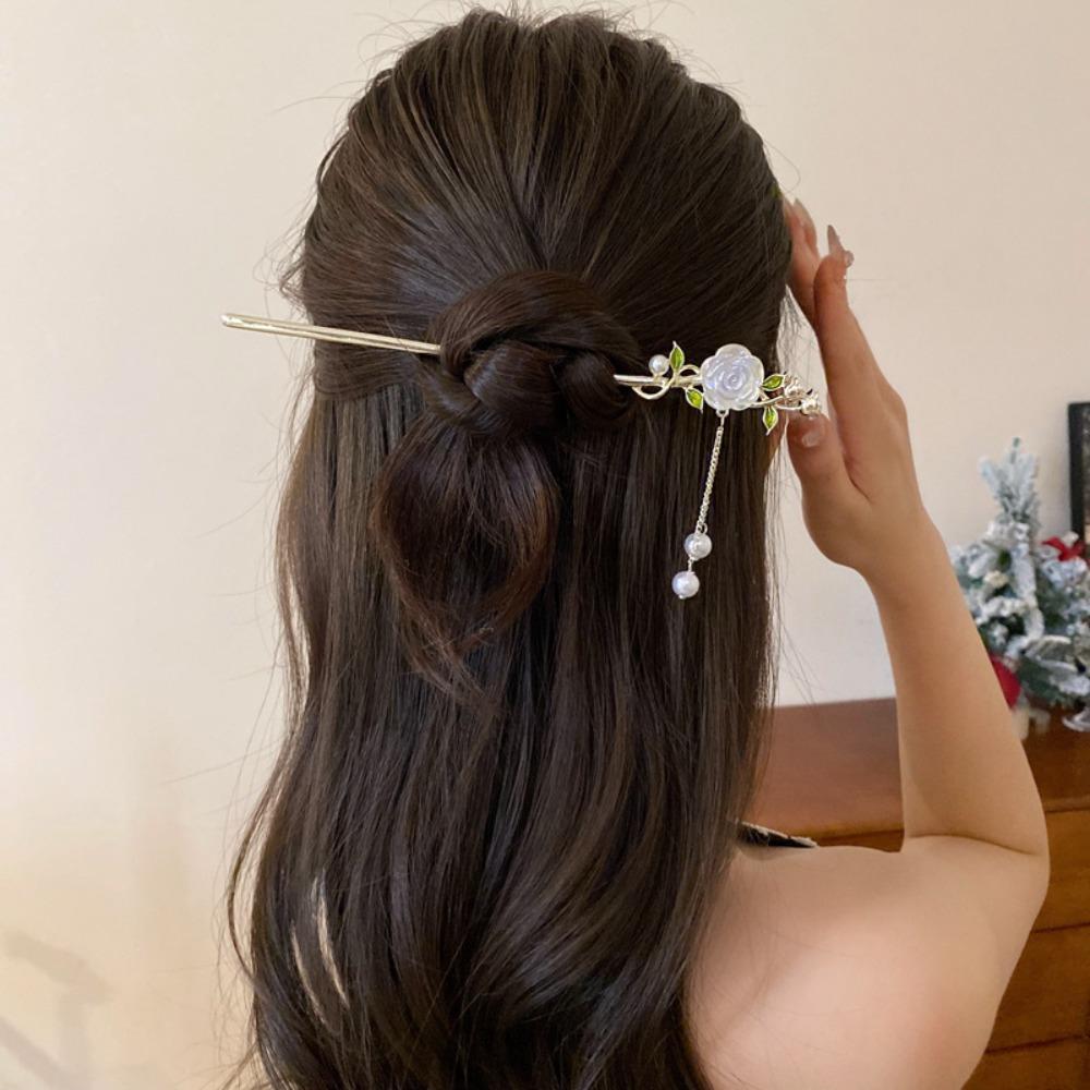 Tassel Hair Fork Rose Tassel Headwear Pearl Flower Rose Hanfu Hairpin Rose Hair Stick  Lady/Girls