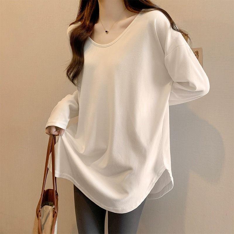 Chemise mi-longue à manches longues pour femme, style coréen, coupe ample - Ourlet incurvé, polyvalente pour l'automne et le printemps