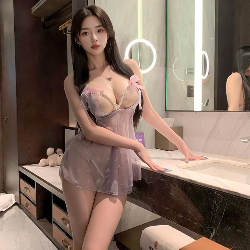 Sex Underwear Pure Desire Pearl Perspective Suspender Nightdress Sexy Lace Print No-take Pajamas Seduce Women