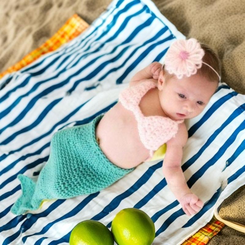 Soft Knitting Baby Sea-maiden Costume Chest Flower Headwear for Capturing Beautiful Moment In Newborns Photography