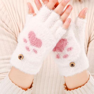 Katzenkrallen-Handschuhe Damen Winter Warm und Samt Verdickt Studenten Trendy Schreiben und Radfahren Niedliche Gestrickte Halbfinger-Klapphandschuhe