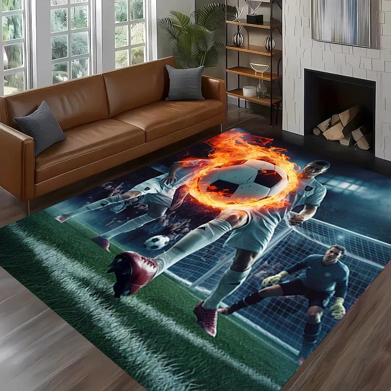 Soccer Football Player Action Print Flannel Rug Sports Theme Living Room Carpet Kids Room Decor Soft Fleece Floor Mat Indoor