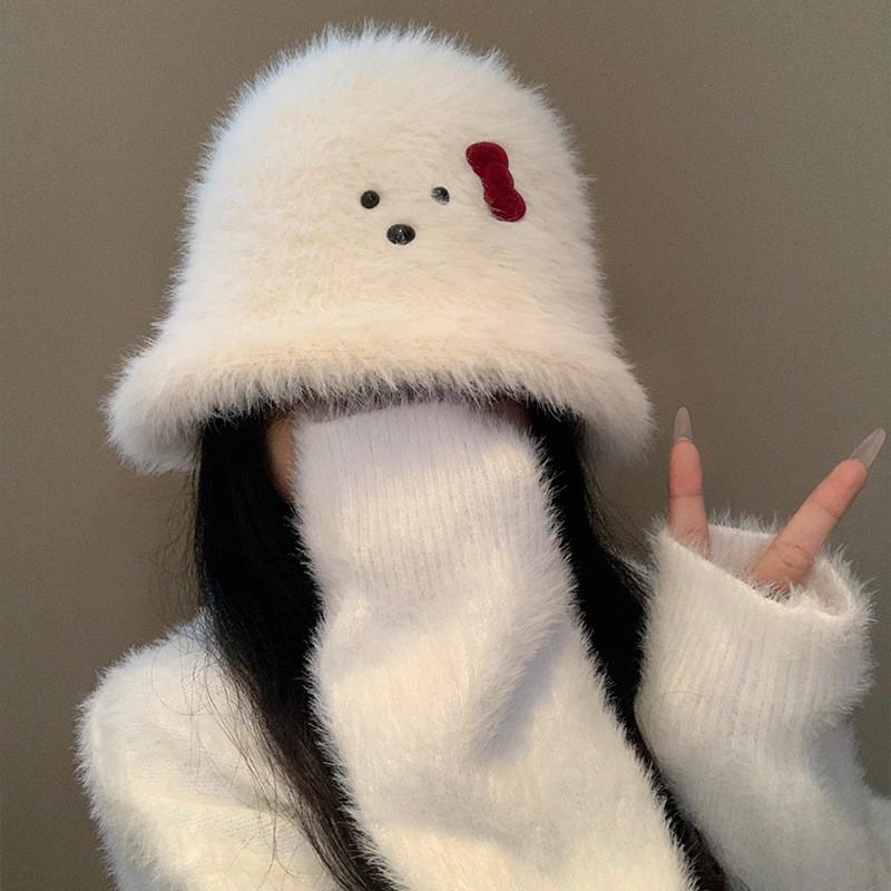 White Stylish Plush Fisherman Hat With Bow For Women Perfect For Winter Fall