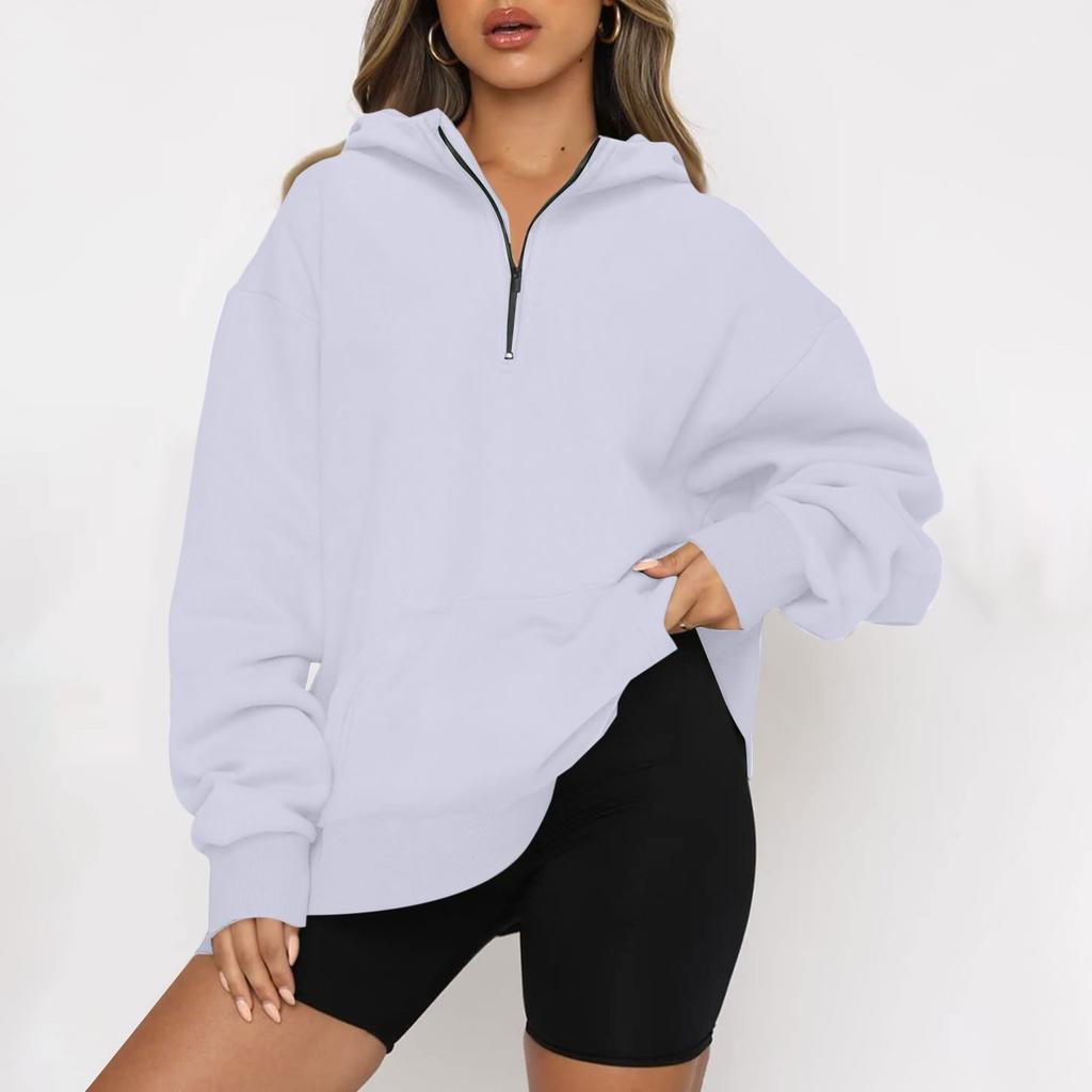 Women's Casual Fashion Long Sleeve Solid Color Zipper Hooded Sweatshirt Top
