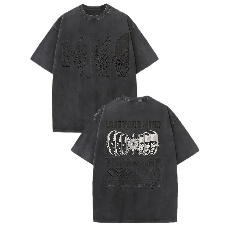 Segmented Abstract Face  lost Mind  and  finding the Soul  Printed Men s Street Style Distressed Washed 230g Cotton T-shirt, Suitable for Holidays S чёрный