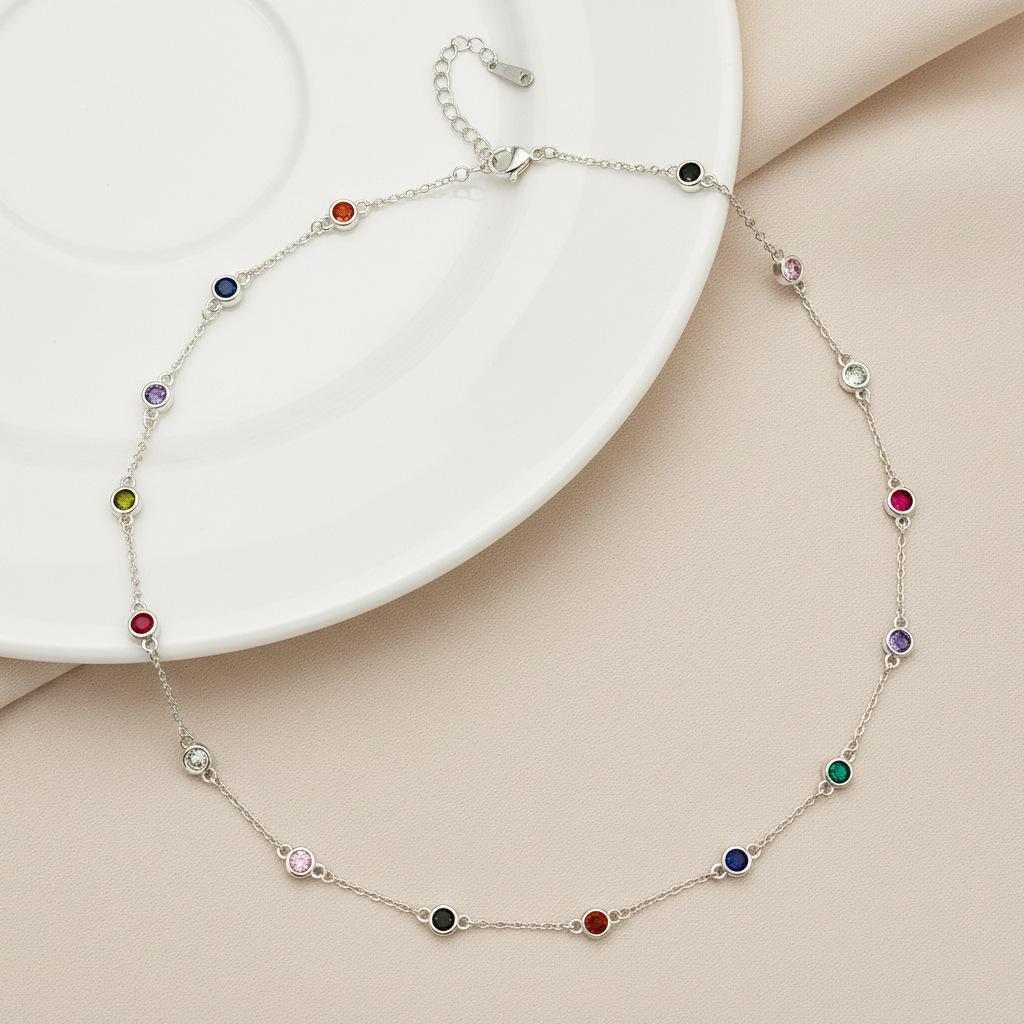 Colorful Round Diamond Rainbow Clavicle Necklace for Women - High-End, Versatile, and Stylish