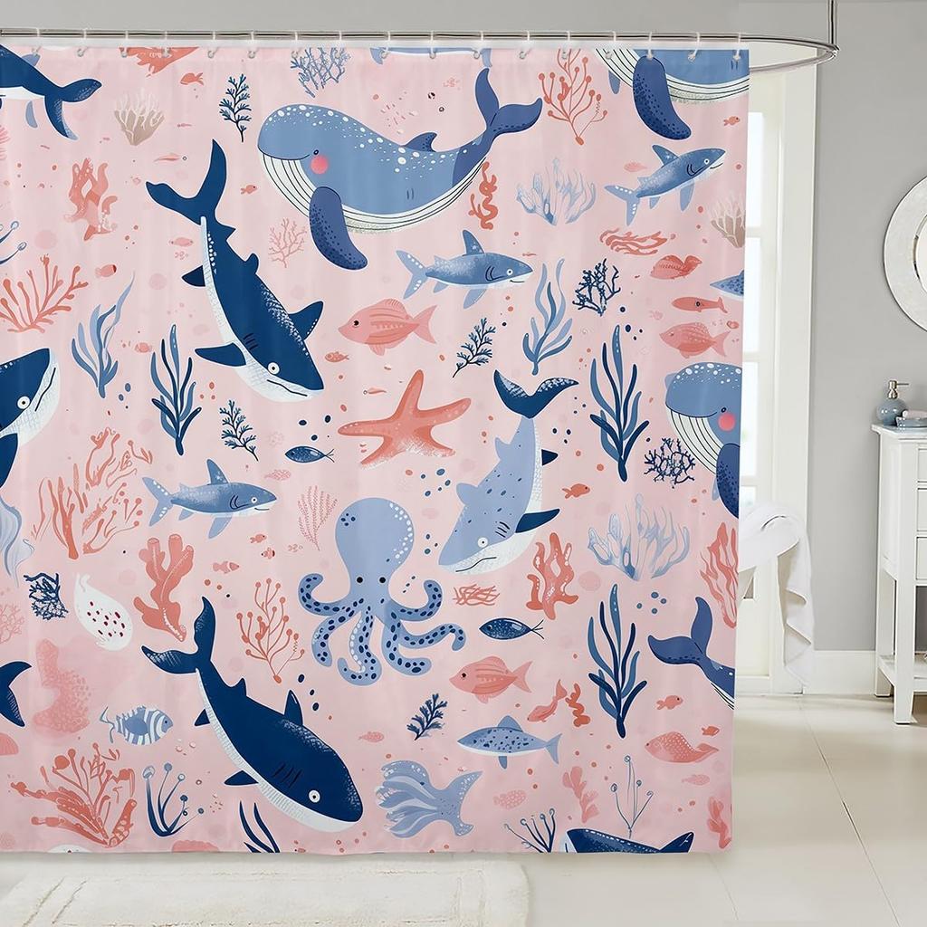 Cartoon Funny Animal Bath Curtain Brave Cat Riding Shark Shower Curtain Kids Boys Girls Ocean Wave Japanese Style Decor Whale