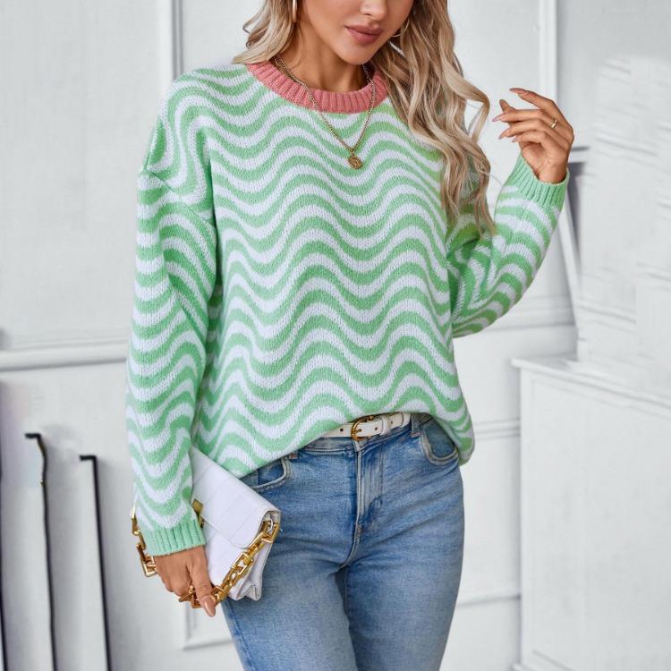 Loose Knitwear Cardigan Vintage Stripe Long Sleeve O Neck Sweater Top Autumn Winter Fashion