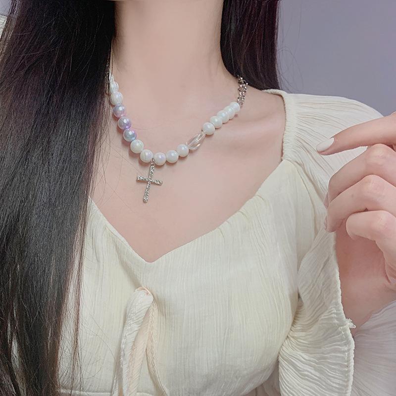 Diamond Cross Pearl Necklace ins Cold Wind Men Trendy Cool Personality Pendant Couple Chain Titanium Steel Necklace
