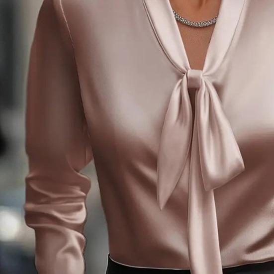 Yousheng Women Shirt V-Neck Lace-up Collar Long Sleeve Satin Texture Blouse Solid Color Regular Fit Office Lady Casual Tops