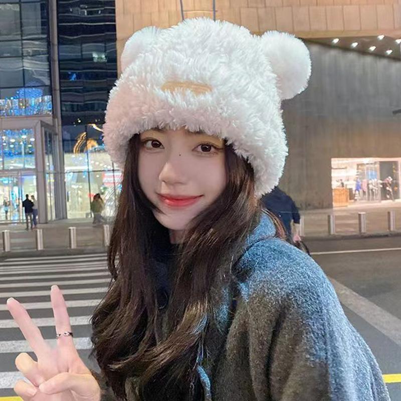Autumn And Winter Korean Style Cute Bear Plush Ear Protection Knitted Hat Fashionable And Versatile Woolen Hat