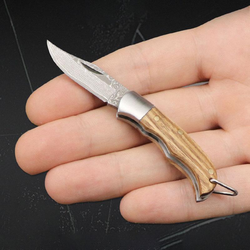 Damascus Blade Pocket Knife Wooden Handle Folding Knife Keychain Unboxing Cutter Outdoor Survival Gadgets Multitool Hand Tool