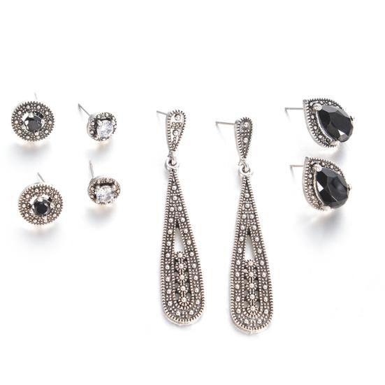 4Pair Antique Teardrop Round Rhinestone Carved Dangle Stud Earrings Jewelry Gift