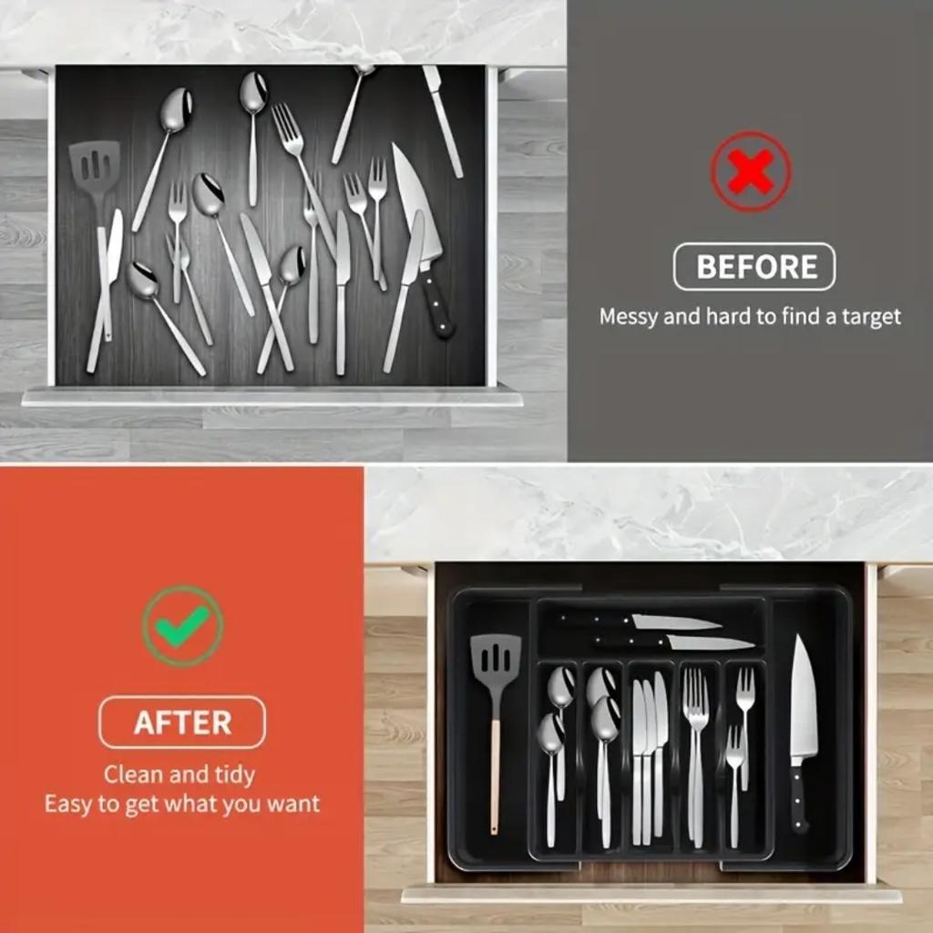 1pc Silver Drawer Storage Box, Expandable Kitchen Utensil Tray, Adjustable Plastic Storage Rack for Spoons, Forks, and Knives